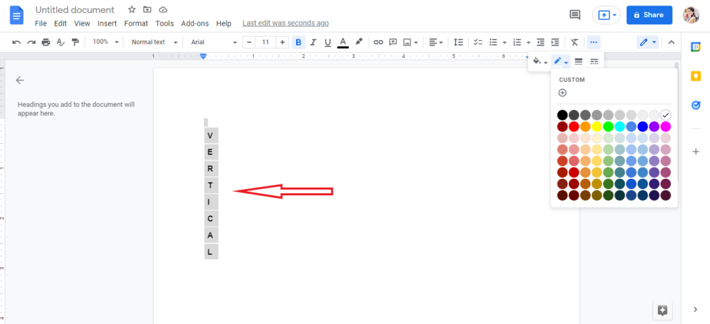 add vertical text from single column table on Google Docs