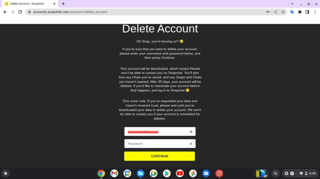 Confirm your Username and Password before disabling your Snapchat account