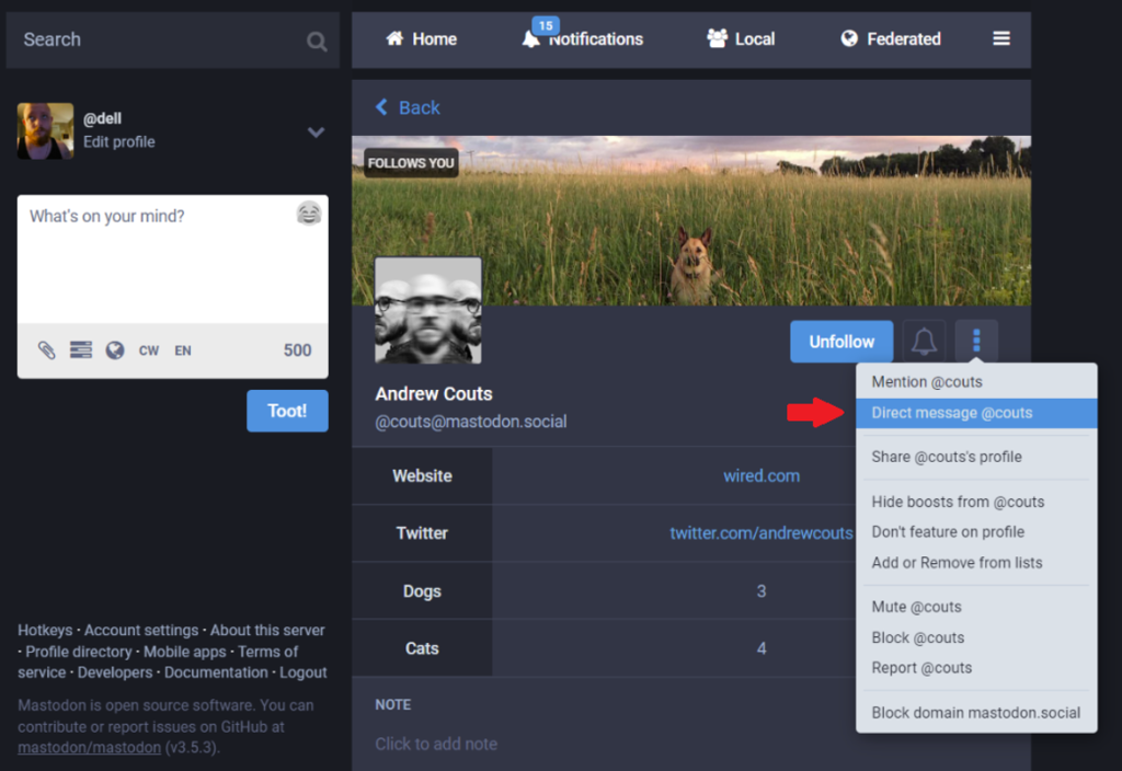 how to send direct message on Mastodon